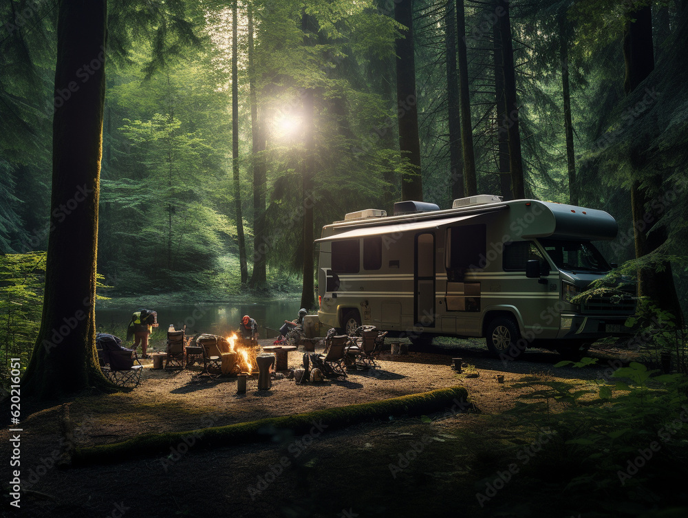 An RV Parked in a Thick Forest Clearing | Generative AI