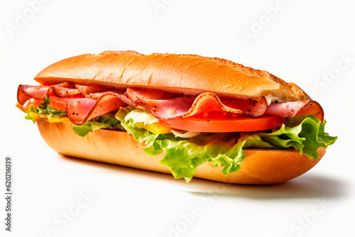 Submarine ham sandwich on a white background. Generative AI	