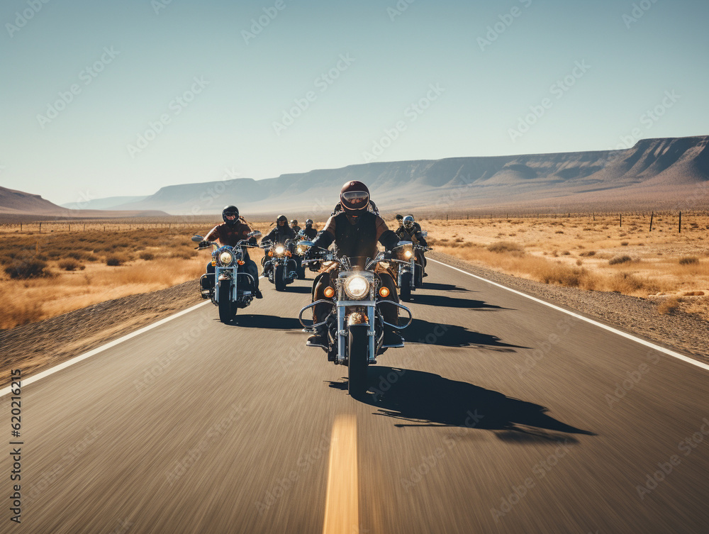 A Group of Bikers Riding on a Sunny Highway with Vast Plains on Either Side | Generative AI