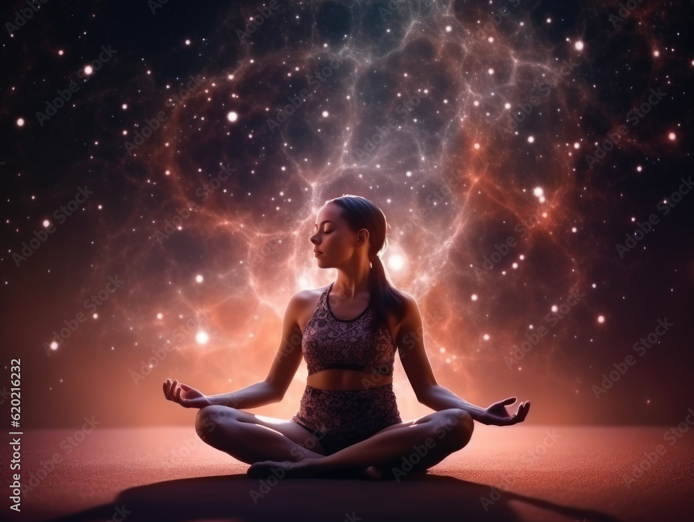 Celestial Serenity: Woman Embracing Yoga - Harmonizing Energy with the Vastness of the Universe and the Dazzling Display of Supernovas - Generative AI