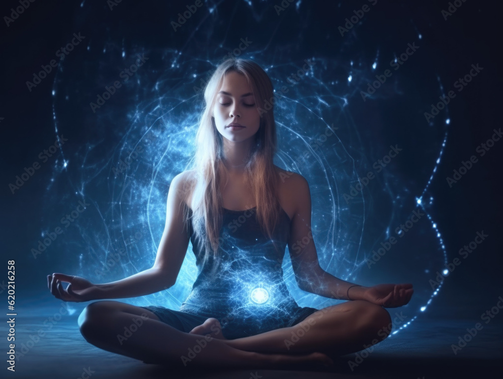 Cosmic Flow: Woman Practicing Yoga - Channeling Energy and Connecting with the Universe  - Generative AI