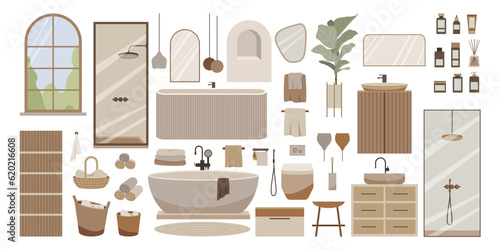 Bathroom in minimal scandinavian style vector illustration. Boho hygge lifestyle