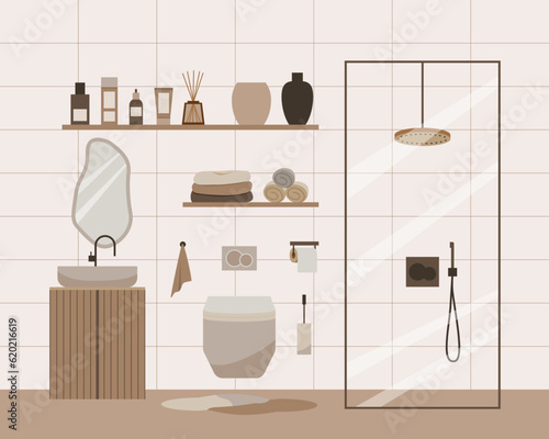 Bathroom in minimal scandinavian style vector illustration. Boho hygge lifestyle