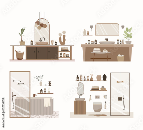Bathroom in minimal scandinavian style vector illustration. Boho hygge lifestyle