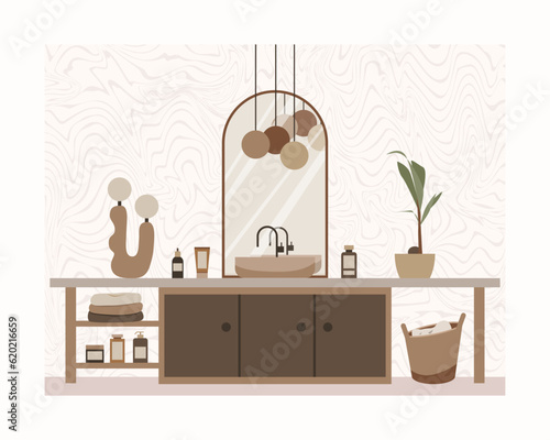 Bathroom in minimal scandinavian style vector illustration. Boho hygge lifestyle