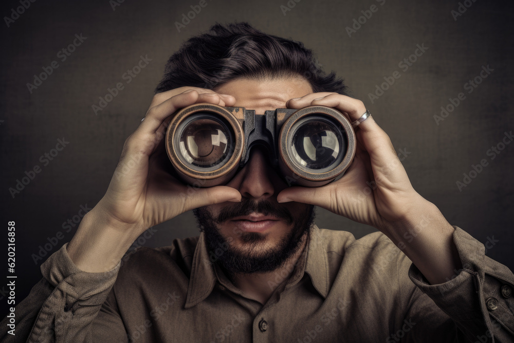 Surprised Man Observing through Binoculars - Generative AI Surprised Man Observing through Binoculars - Generative AI