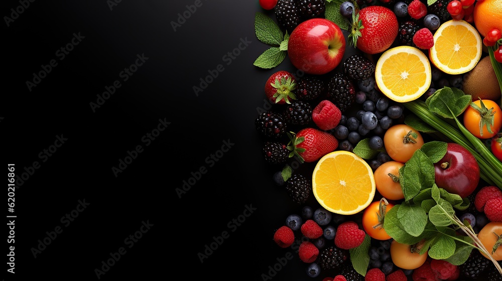 top view of fresh fruits, vegetables and berries on black background, Generative AI. top view of fresh fruits, vegetables and berries on black background, Generative AI.