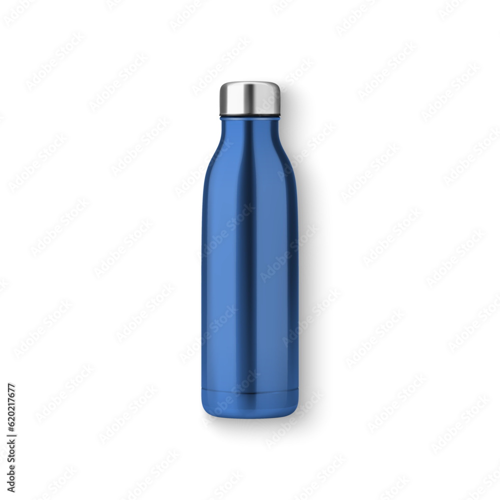 Vector Realistic 3d Blue Empty Glossy Metal Reusable Water Bottle with Silver Bung Closeup Isolated. Design template of Packaging Mockup. Front, Top View Vector Realistic 3d Blue Empty Glossy Metal Reusable Water Bottle with Silver Bung Closeup Isolated. Design template of Packaging Mockup. Front, Top View
