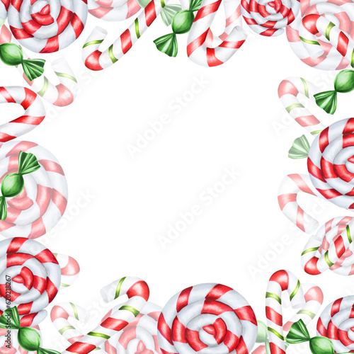 Watercolor frame with christmas candy canes illustration. New year hand painting lollipop clip art isolated on white background. For designers, food 