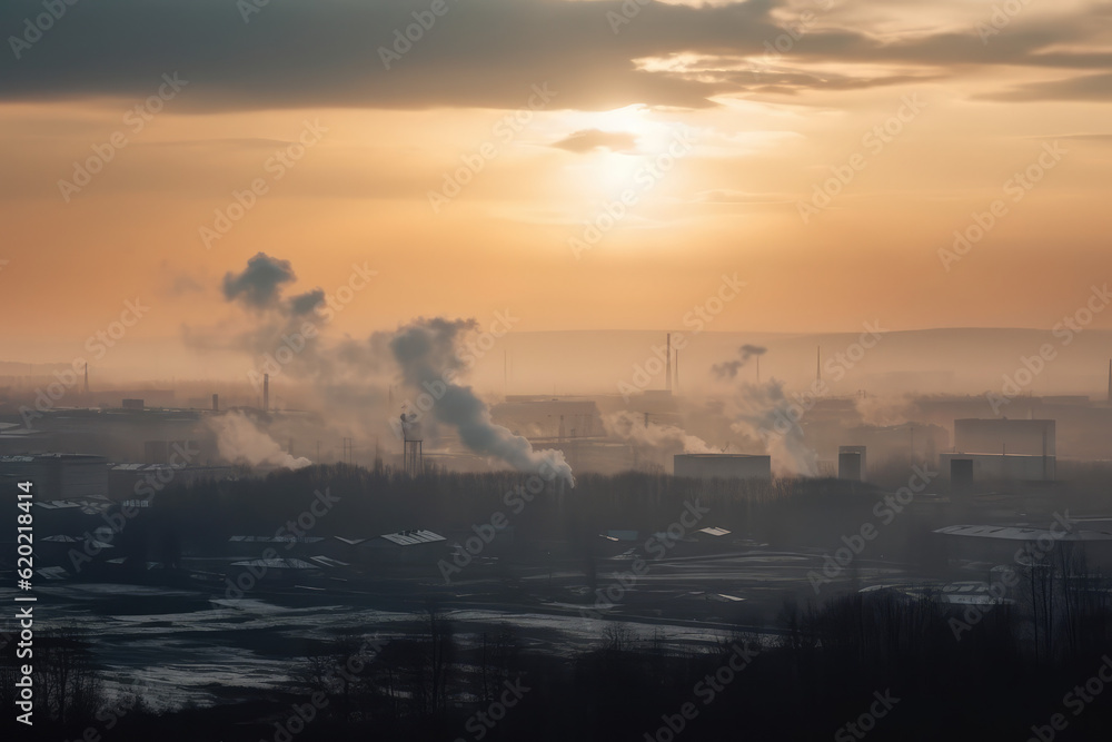 Landscape dominated by factories with billowing smoke. Negative impact of industrialization on air quality and the environment. Thick smog and polluted air, generative AI