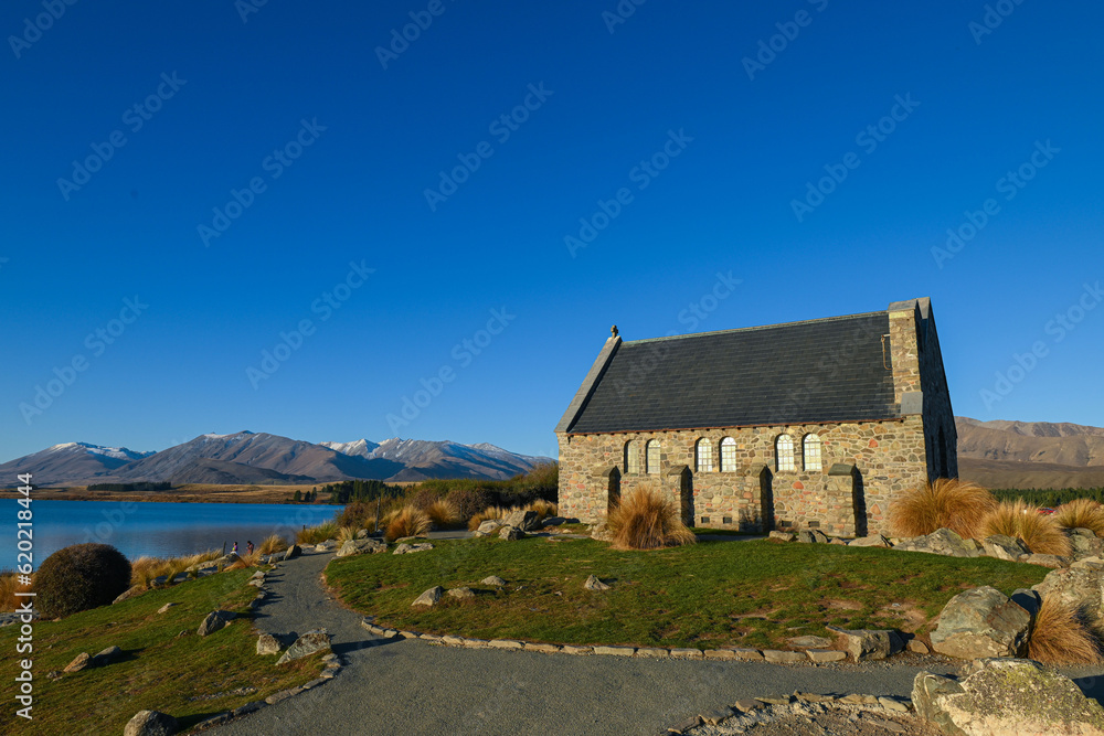 The Church of the Good Shepherd late in the afternoon on a sunny day in Lake Tekapo, New Zealand