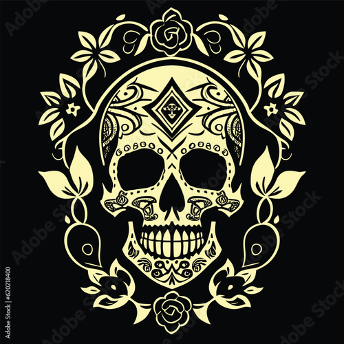 Skull and Roses Pattern Tattoo t-shirt design. Vector illustration