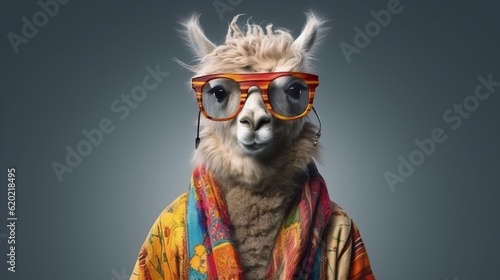 Illustration of a cool llama wearing sunglasses and dressed in hippy clothes © NK