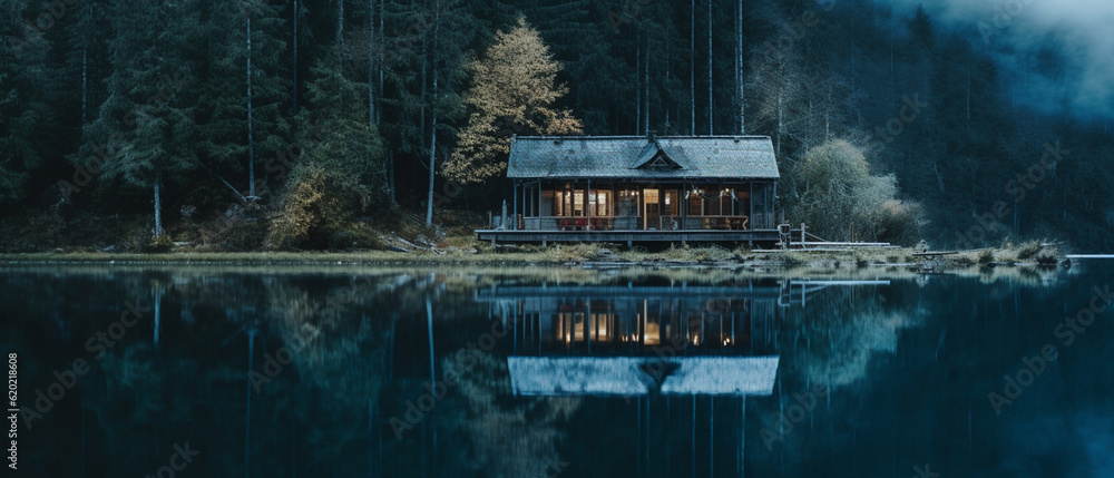 Lake House on a Reflective Lake with Forest Landscape in Background - Moody Cinematic Lighting with Depth of Field - Generative AI