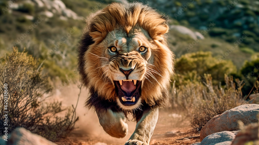Obraz premium A charging lion advances, in a ferocious attack stance. Generative AI