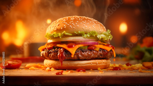 The mouthwatering hamburger beckons with its golden bun with fire. Generative AI