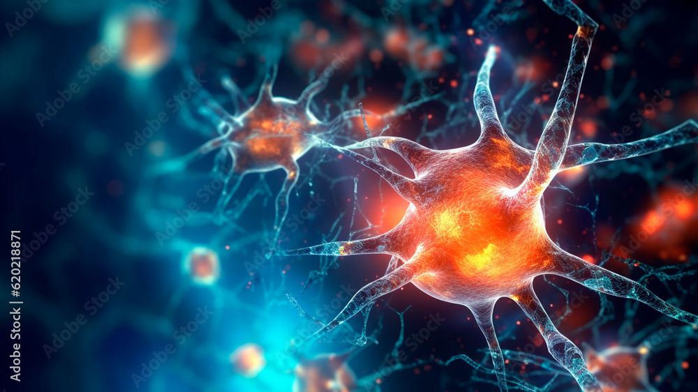 Neuron cells with glowing link knots. Red and blue Neurons brain. Generative AI Neuron cells with glowing link knots. Red and blue Neurons brain. Generative AI