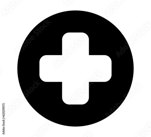 Medical cross symbol. Black circle with white cross vector icon.