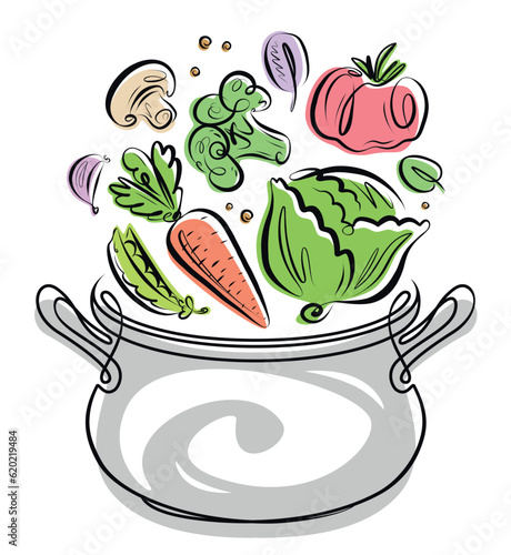 Cooking saucepan or kitchen pot. Kitchenware with and vegetables flying. Vector illustration