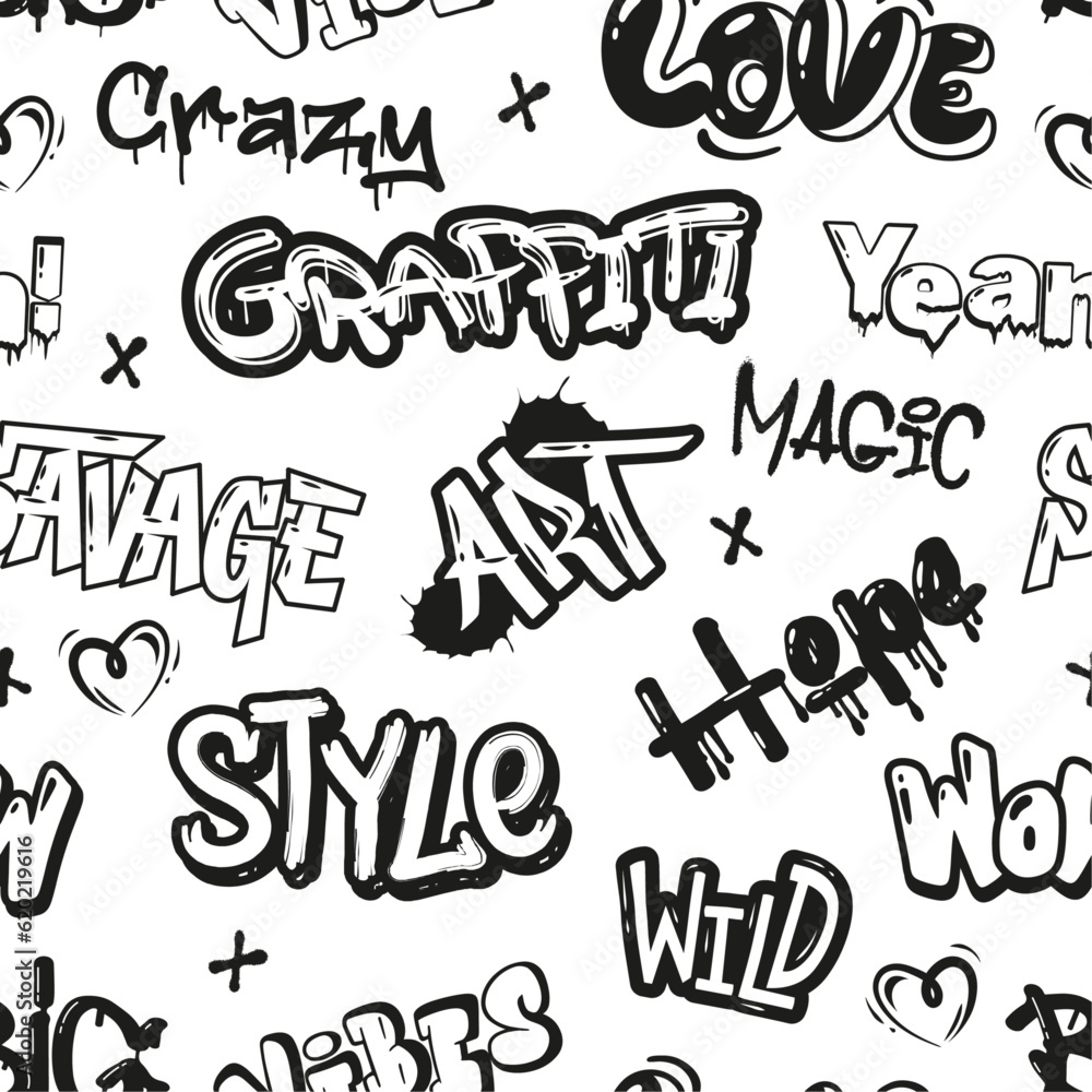 Street graffiti seamless pattern. Vector set of urban typography art