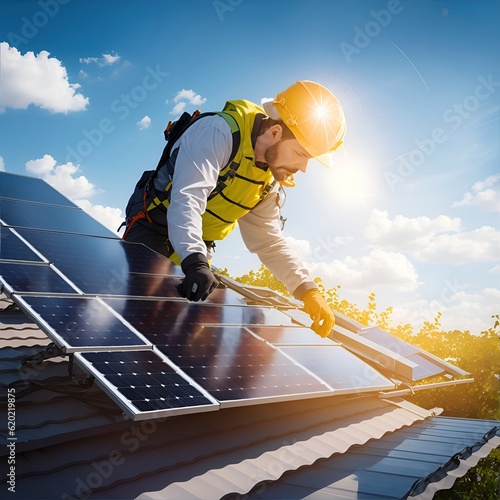 The master installs solar panels on the roof. photo