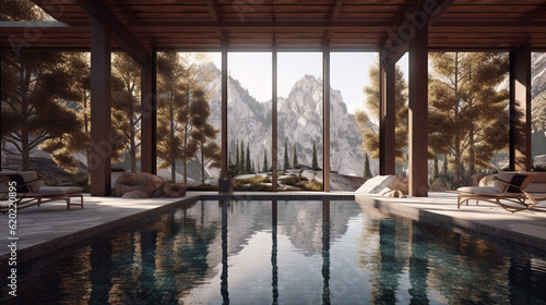 Indoor Swimming Pool with Trees and Mountains in the Background - Naturalist Aesthetic with Mirrored Glass and Reflective Water - Generative AI
