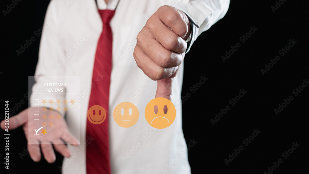 concept customer dissatisfaction experience. The businessman rated one star for the service provided. Poor reviews, poor service, dislikes, poor quality, low ratings, bad social media.