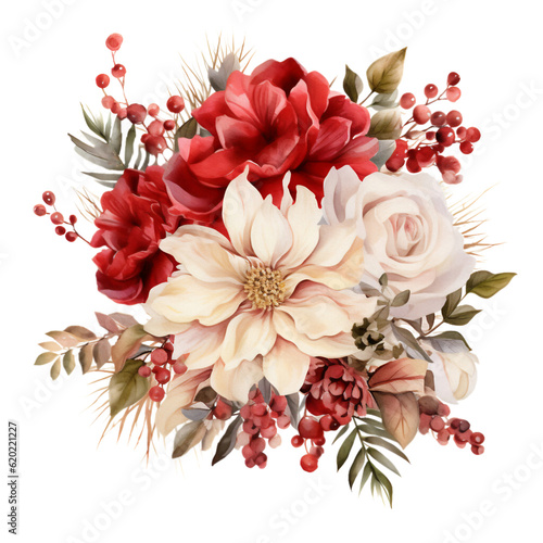 Christmas Flowers Watercolor Clip Art, Watercolor Illustration, Flowers Sublimation Design, Red White Flowers Clip Art.