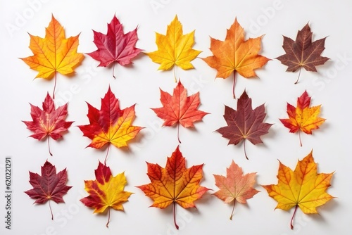 Group of isolated colorful autumn leaves on a white background