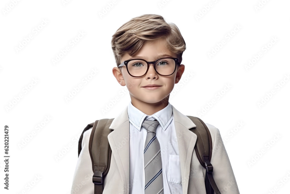 Portrait of a happy smiling little student boy wearing glasses and backpack on a transparent background