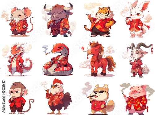 Collection Vector of Smoking and Wearing Chinese Cheongsam Twelve Chinese Zodiac Year Astrological Signs and Symbol in Cute Cartoon Style on White Background