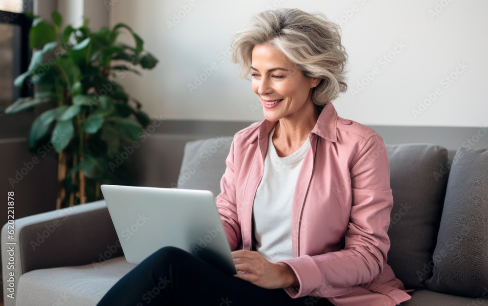 Handsome attractive Middle aged woman looking at a laptop on the sofa in his living room at home. AI Generative Handsome attractive Middle aged woman looking at a laptop on the sofa in his living room at home. AI Generative
