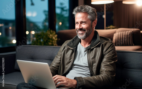 Handsome attractive Middle aged man looking at a laptop on the sofa in his living room at home. AI Generative