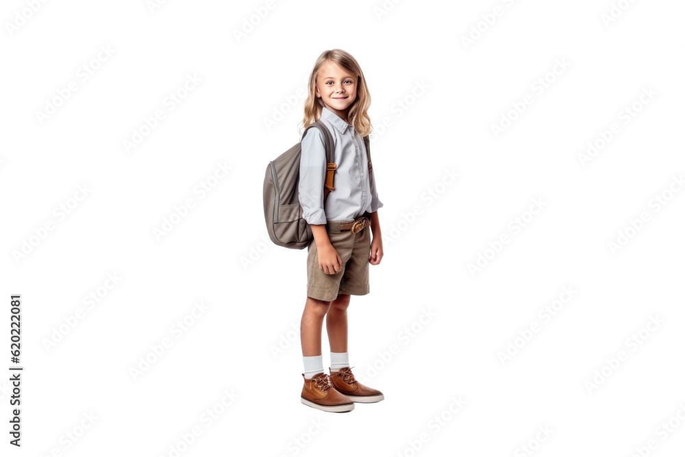Little student with backpack posing on a transparent background Little student with backpack posing on a transparent background