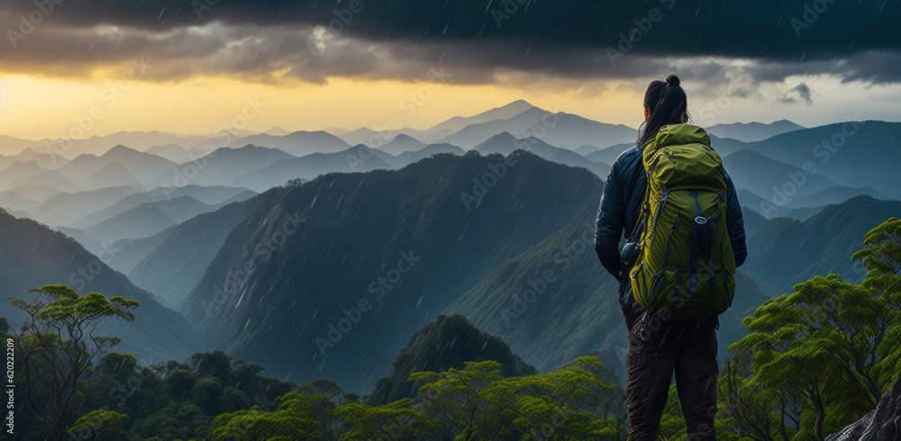 Obraz premium Hiker with big backpack walks on mountain plain in heavy rain. AI Generation.