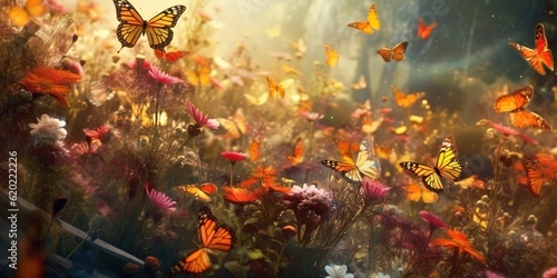A group of butterflies fluttering around a meadow full of wildflowers  concept of Pollination ecology  created with Generative AI technology