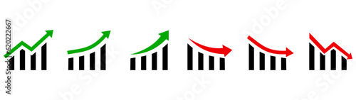 Growth and decline of company profits Isolated vector icon. Company performance indicator. Growing graph icon graph sign. Diagram of increasing and decreasing profits. Profit growth icons on white bac photo