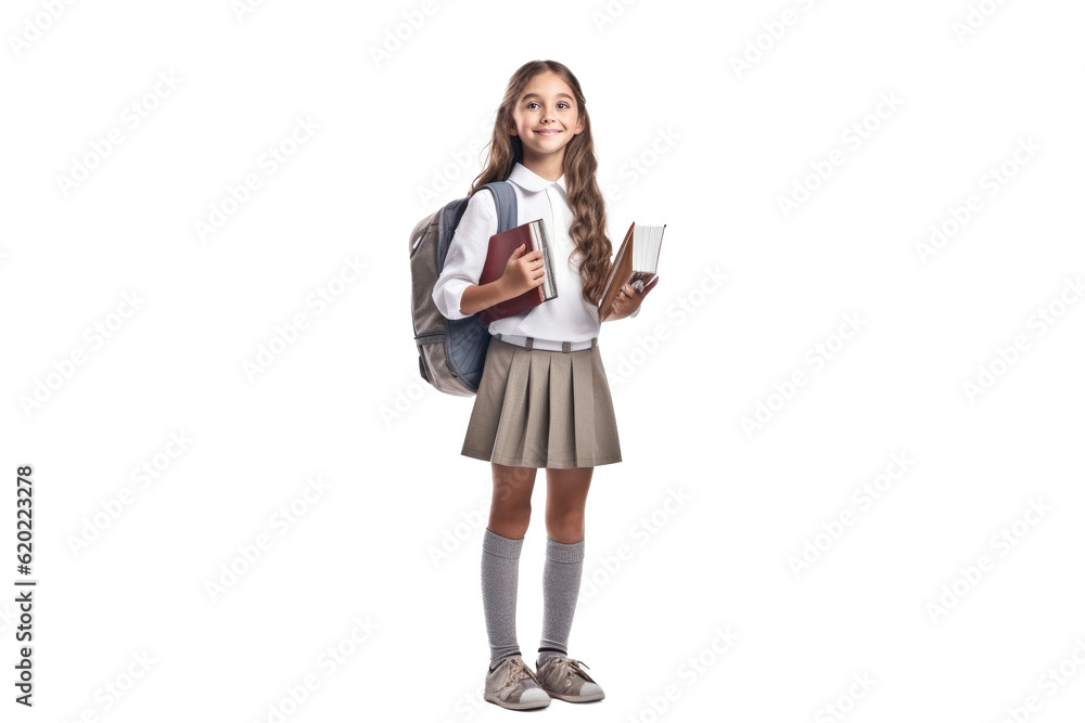 Little student girl with backpack and books posing on a transparent background Little student girl with backpack and books posing on a transparent background