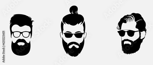 isolated black silhouette of man hairstyle with glasses, vector collection