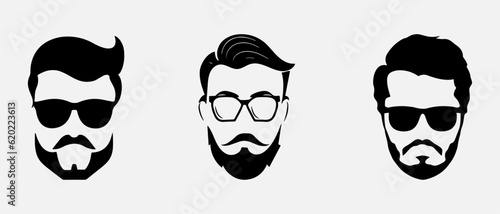 isolated black silhouette of man hairstyle with glasses, vector collection
