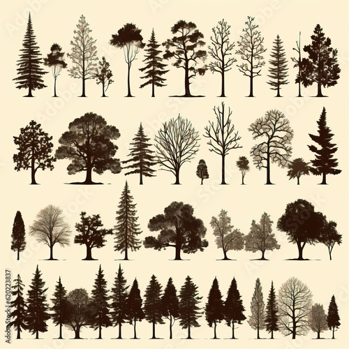 vector image Set of vintage trees and forest silhouett