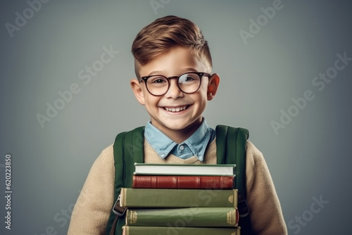 Portrait of little student boy with books wearing glasses and backpack