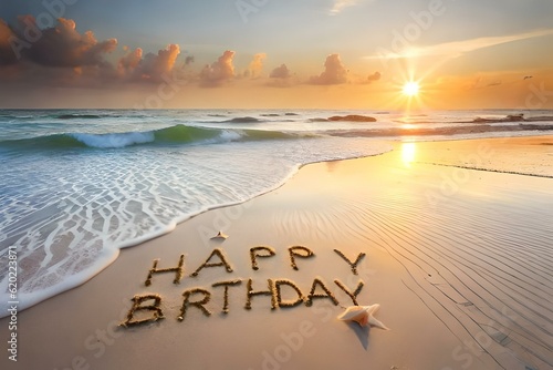 Happy Birthday message handwritten on beach generated Ai.