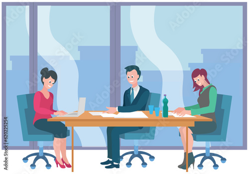 Colleagues communicate and discuss startup during meeting in office. Businesspeople discussing business idea sitting at negotiating table together. Planning startup, concept of concluding new project