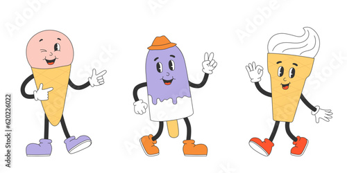 Set of cute ice cream characters in y2k groovy style. Cartoon characters collection in trendy retro style. Isolated vector illustration 