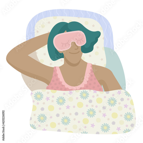 Young woman in sleeping mask lying in bed and sleeping with smile