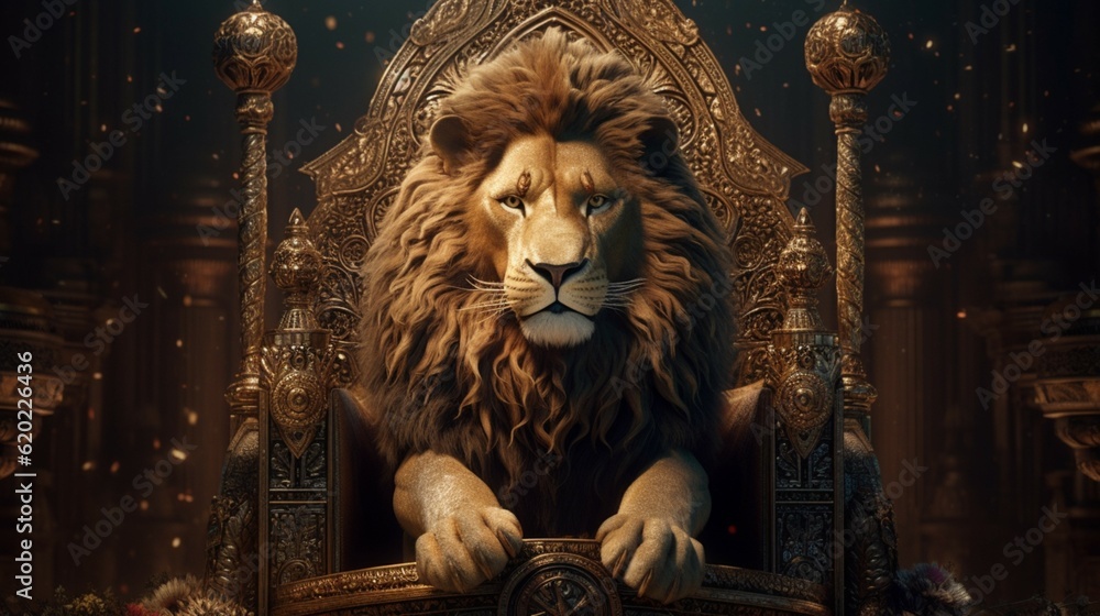 Royal lion sitting on a hrone closeup.Generative AI Royal lion sitting on a hrone closeup.Generative AI