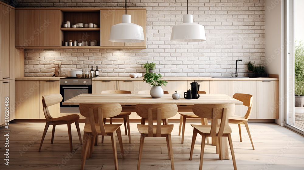 Modern interior design of Scandinavian kitchen with dining table and chairs. 