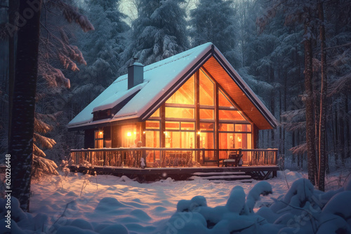 Tableau sur toile Landscape of wooden house in snow forest, winter fairy tale