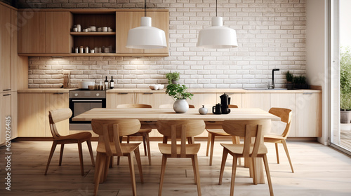 Modern interior design of Scandinavian kitchen with dining table and chairs.  © Kosal